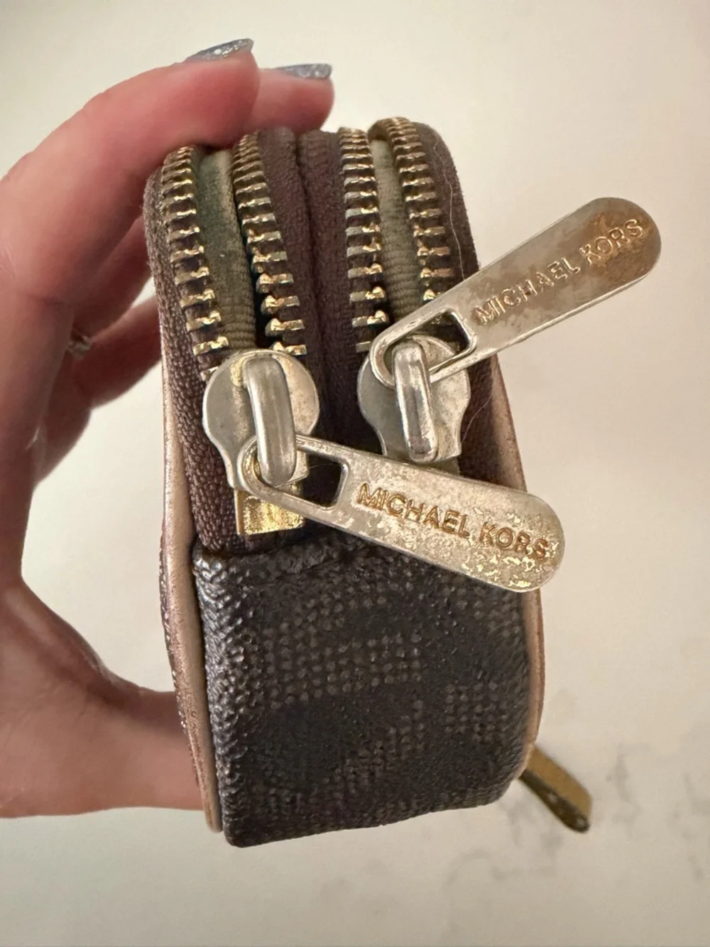 Michael Kors Brown MK Logo Wristlet with Gold Plate